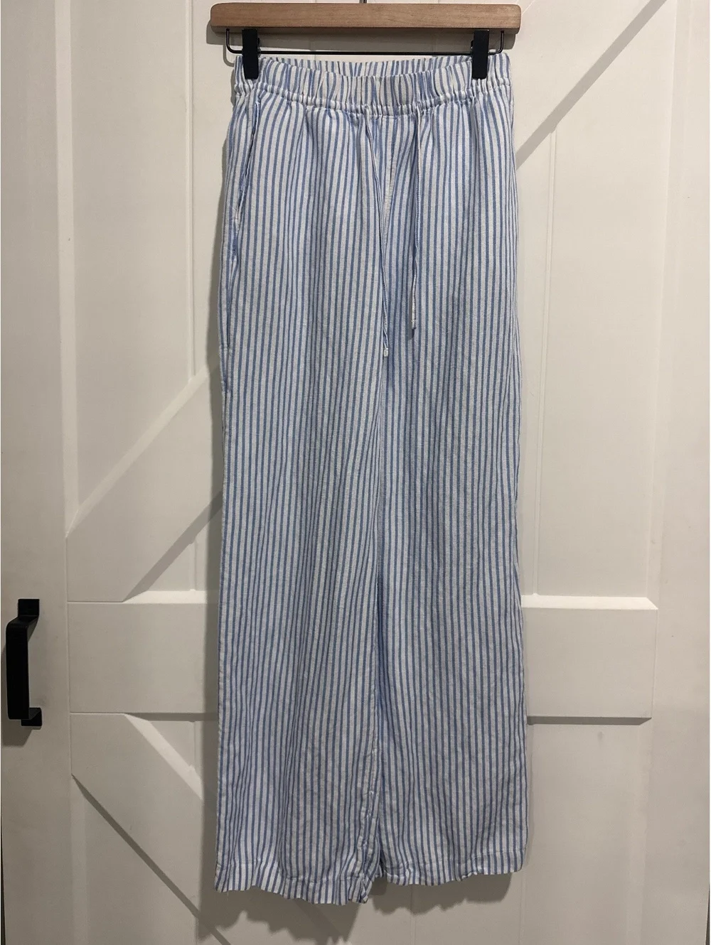 H&M Blue and White Striped Linen Blend Wide Leg Pants XS